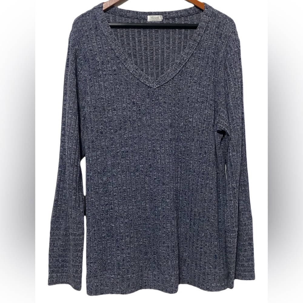 Hount V-Neck Sweater Women’s Size XL Ribbed Comfy Blue Gray Fleece Long Sleeve